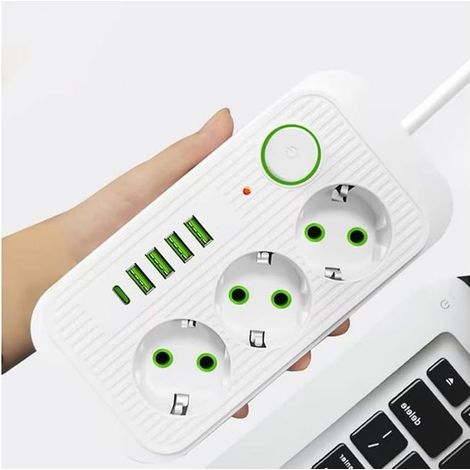 Kabelgebundene Steckdosenleiste, europäischer Standard 10A 2500W Steckdose, mit 3 Steckdosen, 4 USB-Anschlüssen, 1 Typ-C-Anschluss und einem 2 Meter langen Kabel (weiß) (1/5)