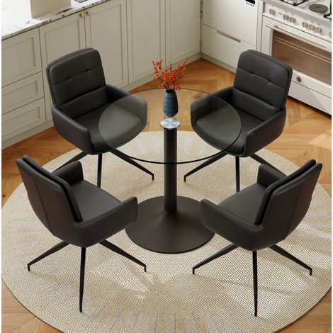 Ensemble table à manger ronde 85 cm en verre trempé noir, 4 chaises pivotantes PU (1/5)
