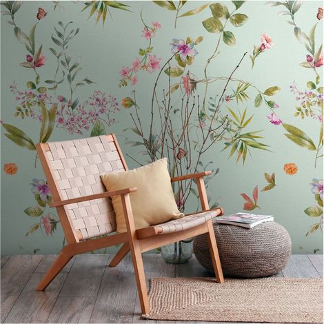 Photo wallpaper Profhome 398811 hot embossed non-woven wallpaper smooth with floral pattern matt blue green pink orange 1.59 m x 2.8 m