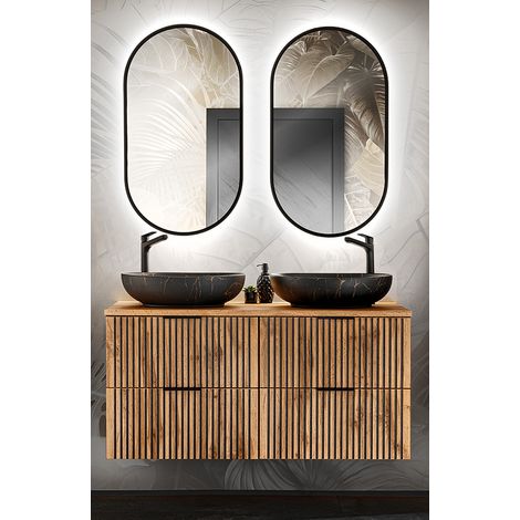 Waschplatz Set mit Doppelwaschtisch, 2 LED Spiegel XANTEN-56 in anthrazit mit Eiche Nb.schwarz gerillt, B/H/T: ca. 120,6/200/46,5 cm (1/5)