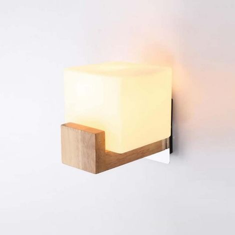 Aplique de pared moderno para dormitorio, sencillo aplique de roble, pantalla de cristal blanco, casquillo E27, ideal para dormitorios y pasillos. (1/5)