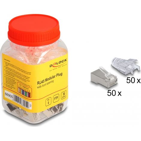Bote con 50 Conectores RJ45 con apertura frontal (conexiÃ³n fÃ¡cil) Cat.6 y fundas transparentes