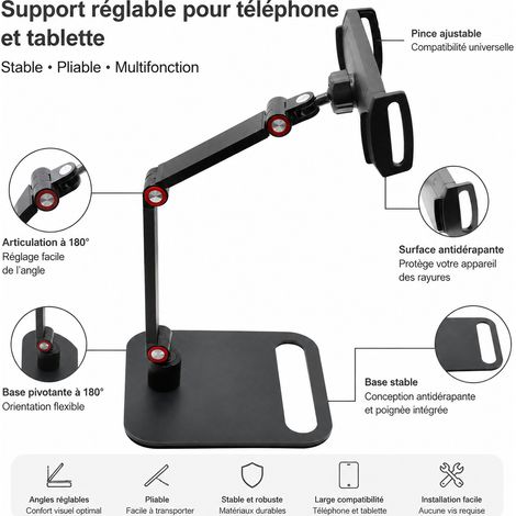 Support de bureau double bras noir réglable avec pince pour tablette BX-07 réf 9773 850 g – Livraison gratuite