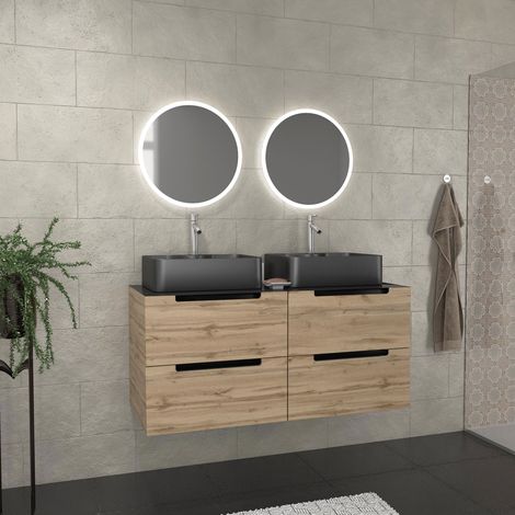 Mueble de baño 120cm Roble y Negro, Lavabos rectangulares y espejos Led Ø50cm - OMEGA