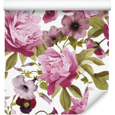 Carta da parati con viole del pensiero e peonie per soggiorno e camera da letto, 50x1000 cm. (1/5)
