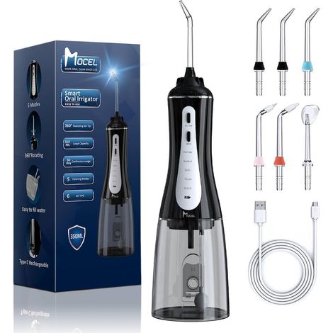 Jet Dentaire Hydropulseur Sans Fil 5 Modes, Irrigateur Portable 350ml avec 6 Embouts Rechargeable Étanche IPX7 pour Soins Appareil Dentaire (1/5)