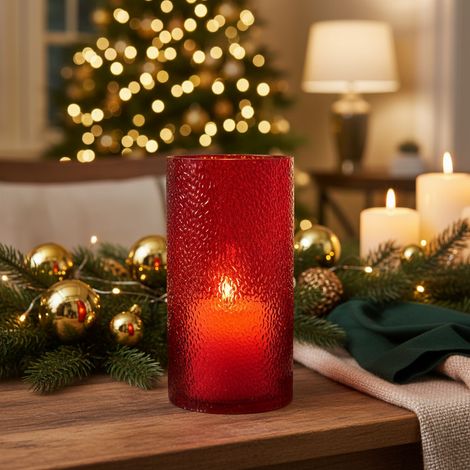 Vaso Porta Candela decorativo in vetro rosso per decorazioni natalizie, da 29 cm (1/4)