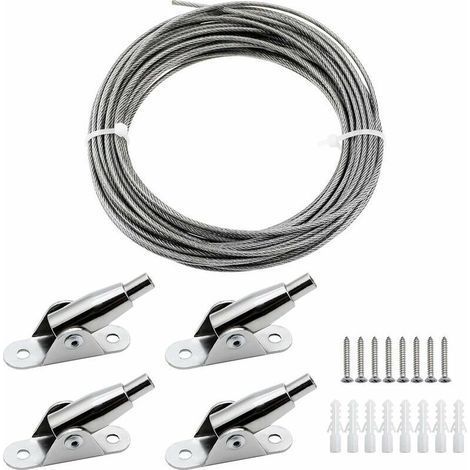 2mm x 10m Câble en Acier Inoxydable Revêtu de PVC Cadre Suspendu avec Câble Métallique Codes Fixes Vis pour Suspendre Photo Vêtements Lampe Rideaux Charge Max de 30KG (1/5)