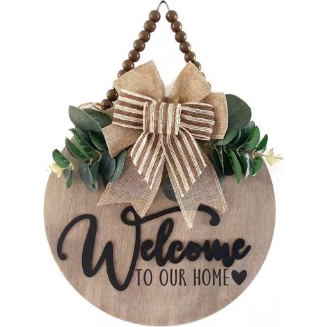 Panneaux décoratifs 3D pour porte d'entrée avec logo de bienvenue - Maison - Ferme - Véranda - Panneaux en bois avec logo, feuilles artificielles et perles rustiques - environ 30 cm de diamètre (1/5)