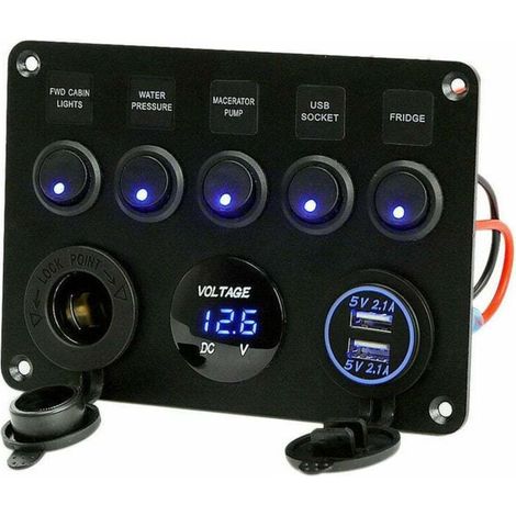 Lot de 5 interrupteurs à bascule, double prise USB chargeur 12 V prise de courant LED voltmètre pour voiture, bateau, camion, camping-car (bleu)
