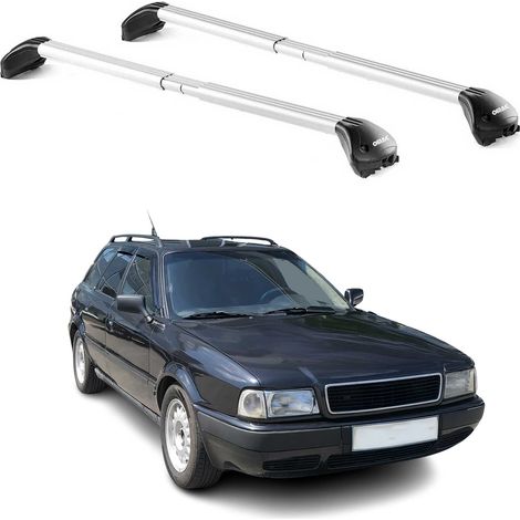 OMAC Barres de toit transversales certifiées TÜV pour Audi 80 Avant 1991-1996 – Verrouillables (4 antivols) – Charge max 100 kg – Sangle inox + protection caoutchouc Argent (1/4)