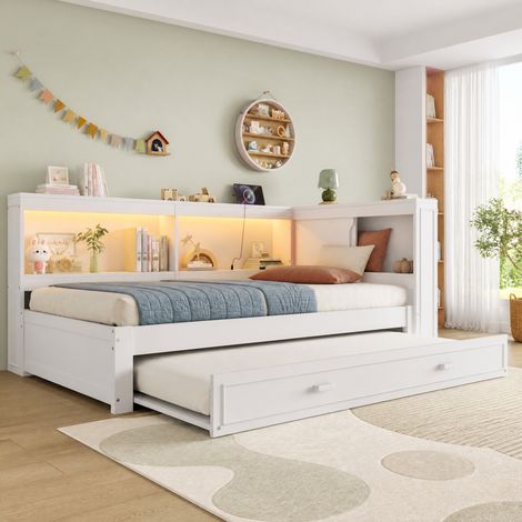 DESMIU Lit Banquette 90 × 200 cm 1 place avec lit gigogne, LED, prise, USB et Type-C, sans matelas, blanc (1/5)