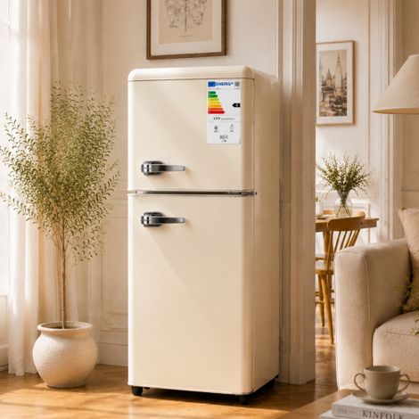 Doppeltürkühlschrank (112 L) – 72 L Kühlbereich + 40 L Gefrierbereich, 7‑stufige Temperaturregelung, Klasse E, LED‑Licht, verstellbare Böden, Eierhalter, ideal für Küche, Wohnzimmer & Büro.Cremefarben