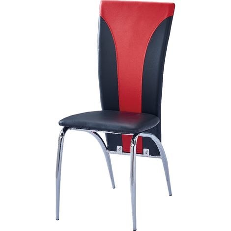 Lot 2 Chaises Salle à Manger Similicuir Noir Rouge Pieds Chrome – DUNA (1/5)