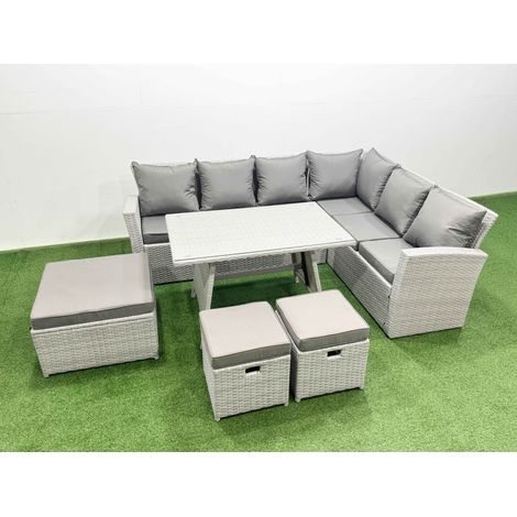 Fimous 9 Seater Garden Outdoor Rattan Furniture Set Rattan Corner Sofa Oblong Dining Table Set with 3 Footstools Light Grey Mixed (1/4)