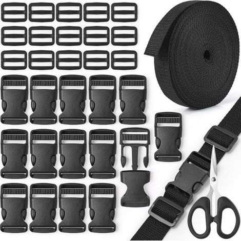 Juego de correas de nailon de 10 m de ancho variado - incluye hebillas y deslizadores de plástico - ajustables para mochilas y equipaje (1/5)