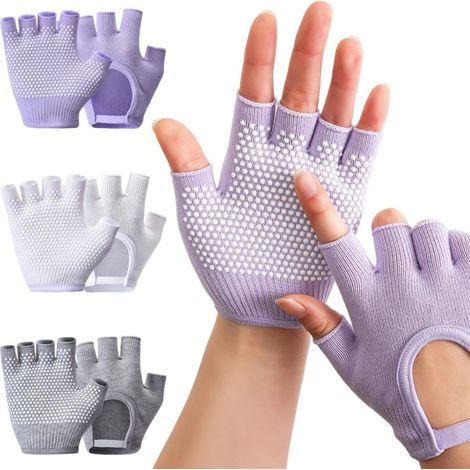 Irovami Lot de 3 paires de gants de yoga demi-doigts pour femmes, antidérapants et respirants, coloris violet, blanc et gris. (1/5)