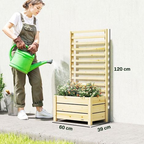 Jardinière surélevée avec treillis, jardinière en bois avec espalier, trou de drainage, toile non tissée, 60 x 39 x 120 cm, bois naturel