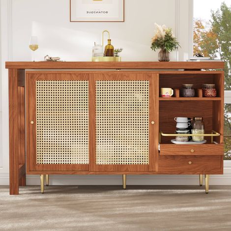 Table de bar extensible 107 x 40 x 71 cm brun, rotative 360°, rangement rotin et étagère, style moderne (1/5)