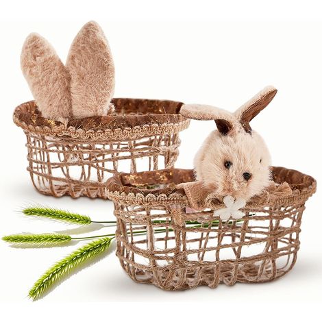 Lot de 2 paniers de Pâques avec anse - Panier de Pâques tressé - Nids de Pâques à remplir - Panier de Pâques pour enfants - Décoration de Pâques avec oreilles de lapin - Panier rond en osier - Herbe (1/5)