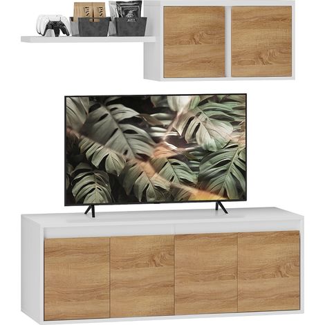 Meuble TV mural en bois avec 7 étagères et étagère ouverte, dimensions 120x41x43.3 cm, blanc et bois naturel, design moderne. (1/5)