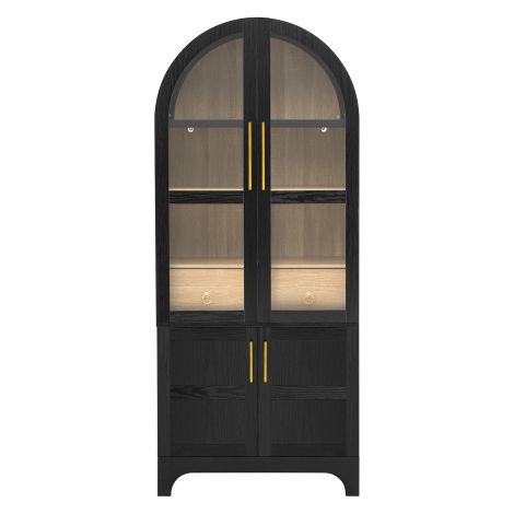 Armoire haute avec étagères et tiroirs réglables, portes vitrées à rayures offrant un grand espace de rangement, idéale pour les salles à manger, les salons et les cuisines (noire). (1/5)