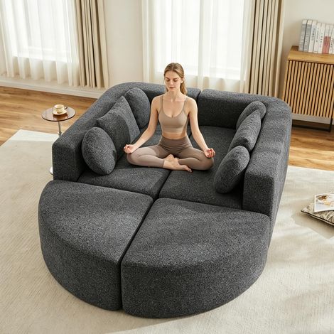 Modulare Schlafcouch mit Schlaffunktion, Vollkomprimierte Cloud Couch, Chenille, Ohne Montage,Schwarz,B292 x T165x H68 cm