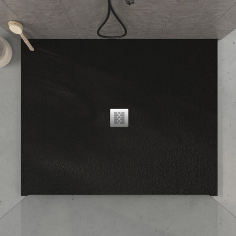 Receveur de douche 120x120 cm extra plat en résine minérale CENTRO surface ardoisée noir Grille inox (1/5)