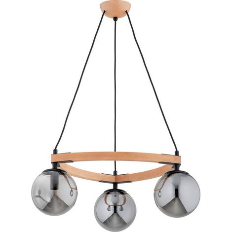 Alfa ADINA Wooden Beam Pendant Ceiling Light, 3x Dark Smoked Glass Globe Shades, Black Metal, 3xE14 max 10W, Dimmable, 52cm Width, 80cm Height