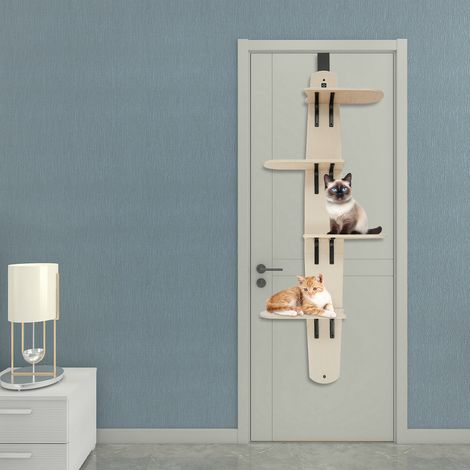 Étagères murales polyvalentes à 4 niveaux pour chats, à fixer sur une porte, en bois, meuble mural robuste avec tapis, 56,6 x 26,6 x 170,94 cm, 20kg