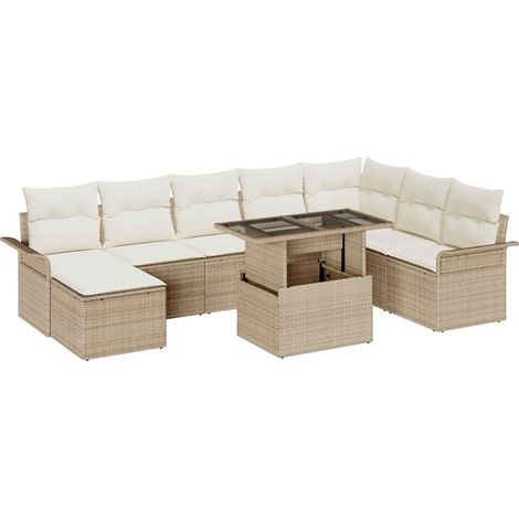 Sofa Set with Cushion 9 pcs Beige Poly Rattan vidaXL