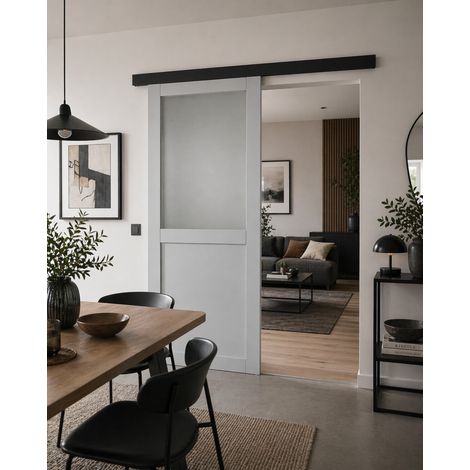 Puerta corredera Athena gris claro con panel de vidrio H204 x L83 cm, riel de aluminio con banda negra, GD MENUISERIES