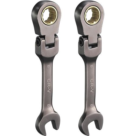 Lot de 2 clés mixtes à cliquet à tête flexible 8 mm métriques 72 dents CR V en acier nickelé pour fixations, écrous et boulons (1/5)