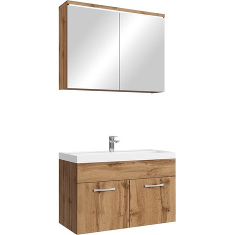 Badezimmer Badmöbel-Set Paso 02 80cm Waschbecken Eiche - Untersc (1/5)