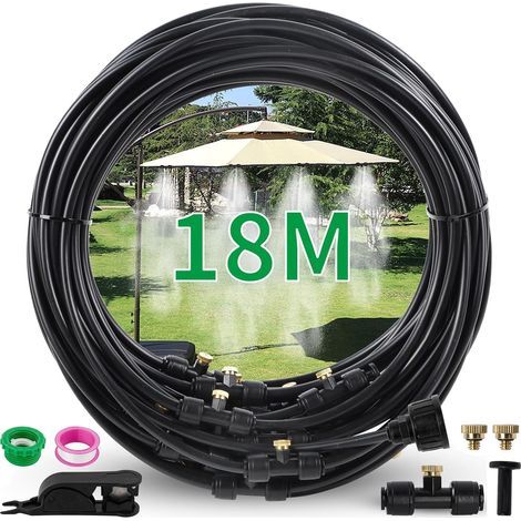 Brumisateur Terrasse Exterieur, Kit d’Irrigation Système de Brumisateur Extérieur 18M avec à eau 20 Buses de Brume avec Joint en T (1/4)