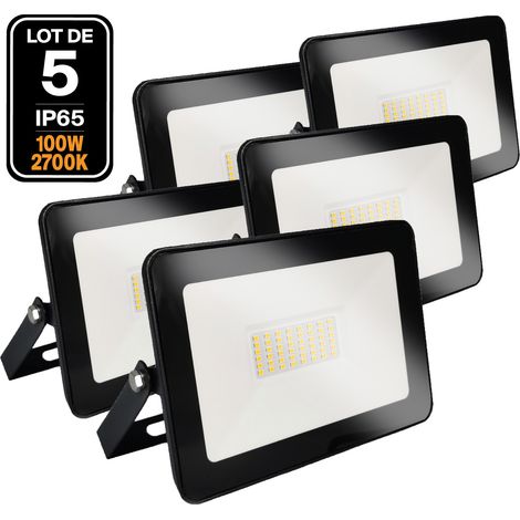 Europalamp – Lot de 5 projecteurs LED 100W blanc chaud 3000K – Éclairage puissant IP65 – 8000 lumens – Aluminium résistant – Installation facile