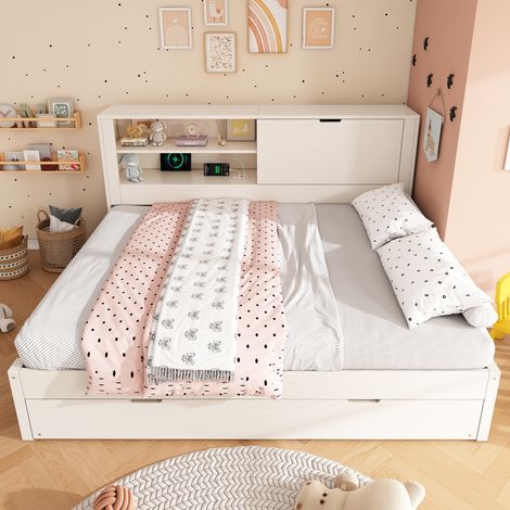 Canapé-lit 140x190 cm avec tiroir 90x190, rangement invisible, étagère, station charge USB/Type-C, sommier lattes inclus, panneaux de bois - blanc (1/5)