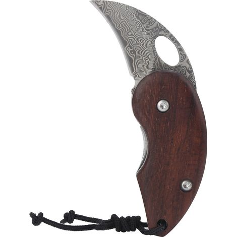 Mini couteau pliant d'extérieur à manche en bois, lame en acier damas, étui inclus. Manche en bois de santal. (1/5)