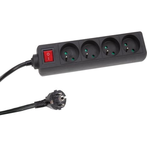 Bloc multiprise avec Interrupteur, 4 Prises avec Terre française (Type E), 1.5 m, 3G1.5, Usage intérieur, Noir (1/5)
