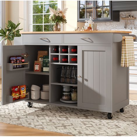 Mobile cucina a isola 102 x 45 x 92 cm con vani portaoggetti e rotelle, grigio DESVIAE (1/5)