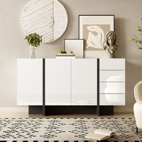 Aparador de 150 x 40 x 80,5 cm - Aparador moderno de MDF y aglomerado con acabado de alto brillo, 2 puertas y 4 cajones - Blanco y negro (1/5)
