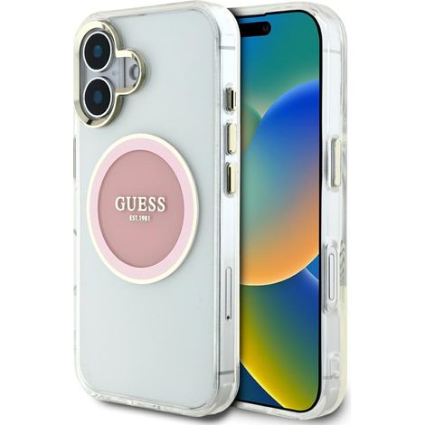 Custodia Guess IML con cerchio in metallo colorato e logo classico MagSafe per iPhone 16, colore rosa (1/5)