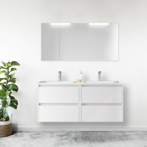 Mobile bagno sospeso 140 cm 4 cassetti in legno bianco lucido con lavabo a incasso - Nova - 140 cm Con Specchio Doppia colonna e Doppia lampada LED - Accessorio: Standard - Misura: 140 cm