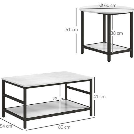 Ensemble table basse, 2 tables d'appoint, aspect marbre, pieds réglables, acier, noir et blanc (1/5)