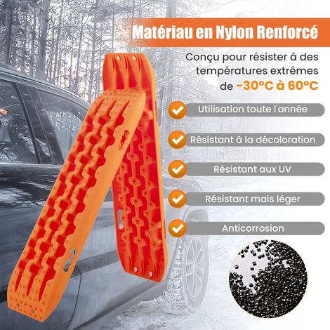 Plaques de traction orange en nylon renforcé, lot de 2 avec crampons antidérapants et poignées, pour sable, boue et neige (1/5)