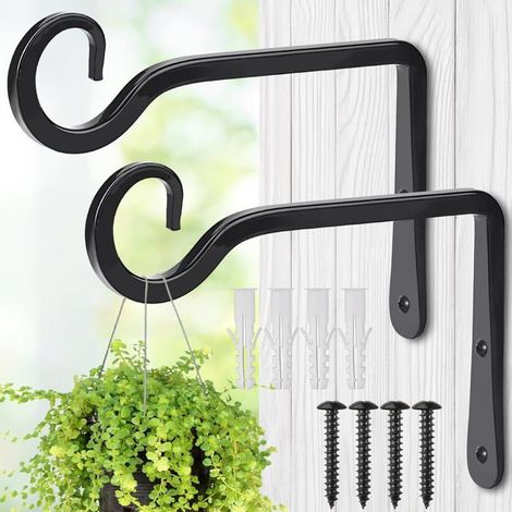 Support mural pour plantes suspendues, lot de 2, crochets métal 15 cm, noir, vis et chevilles incluses, intérieur/extérieur (1/5)