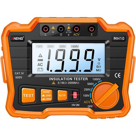 Testeur d'isolement numérique MH10 0,1 MΩ-2000 MΩ, mégohmmètre à affichage LCD rétroéclairé, sortie 100/250/500/1000 V, ohmmètre AC 750 V, kit de mesure avec housse (1/4)