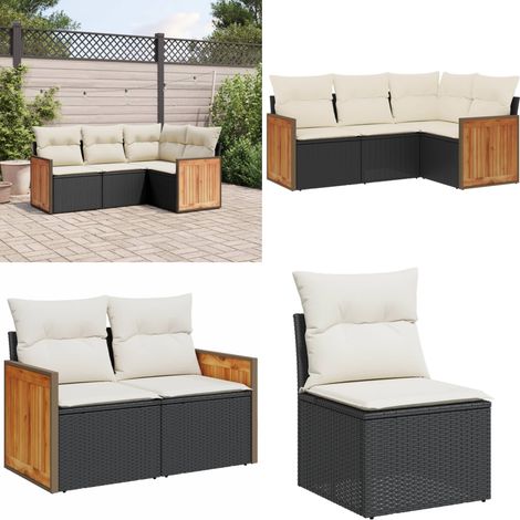 Salon de jardin 4 pcs avec coussins noir résine tressée - Salon De Jardin - Meuble De Jardin - Salon Extérieur - Ensemble De Canapés - Canapé D'angle - Home & Living (1/5)