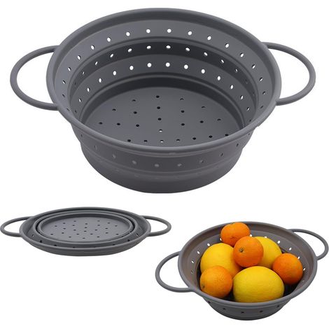 Passoire à Pâtes Pliable 21 cm Passoire Pliable Silicone Passoires de Cuisine avec Poignées Egouttoir Pâtes Retractable pour Egoutter Pâte Légumes Fruits, Grise (1/5)