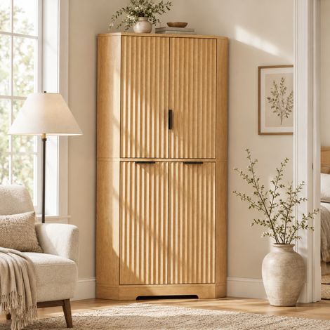 Armoire d'angle 4 portes avec étagères réglables, MDF, naturel, 60 x 60 x 172 cm (1/5)